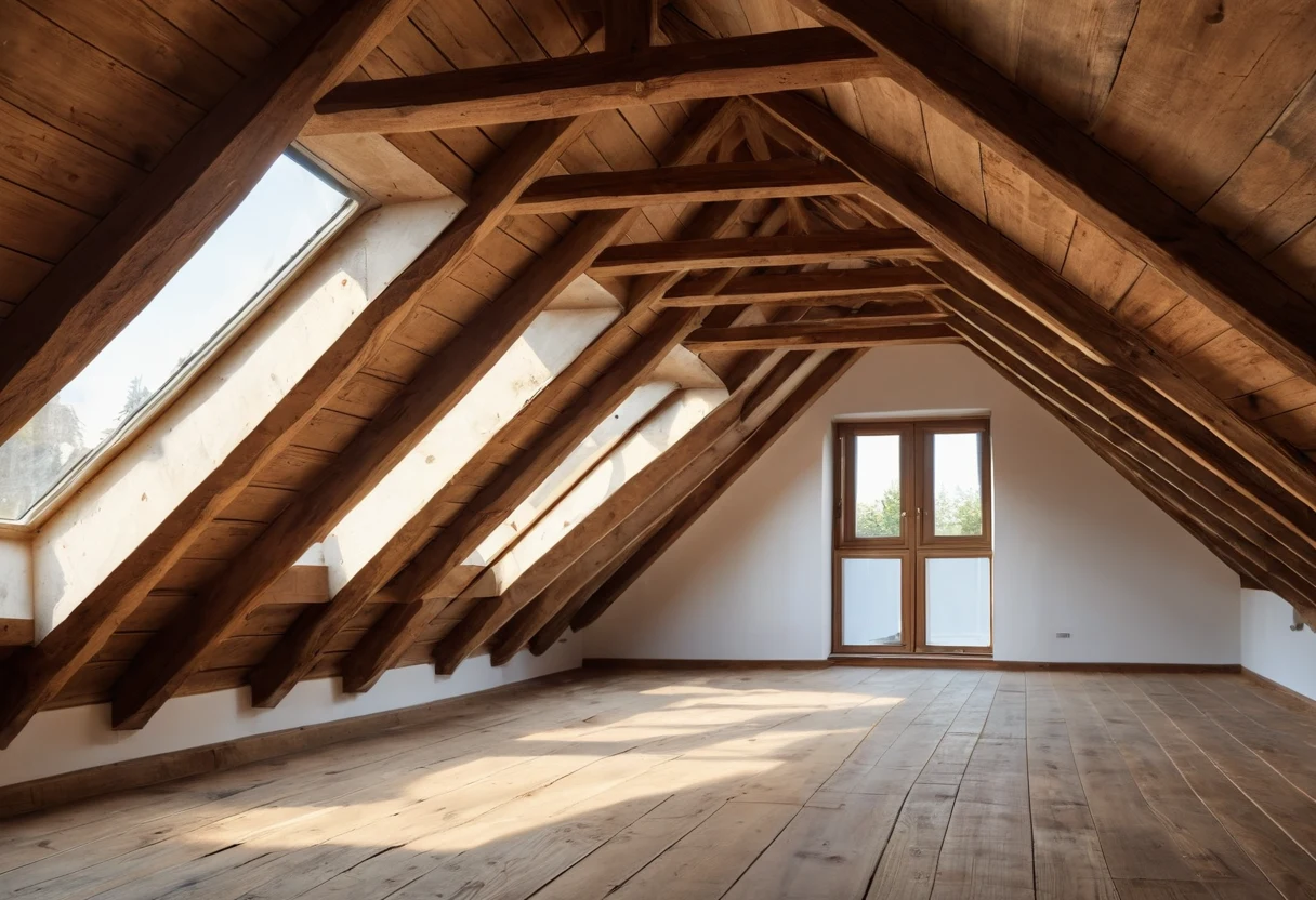 Geräumter Dachboden mit Holzbalken in einem Pfälzer Haus