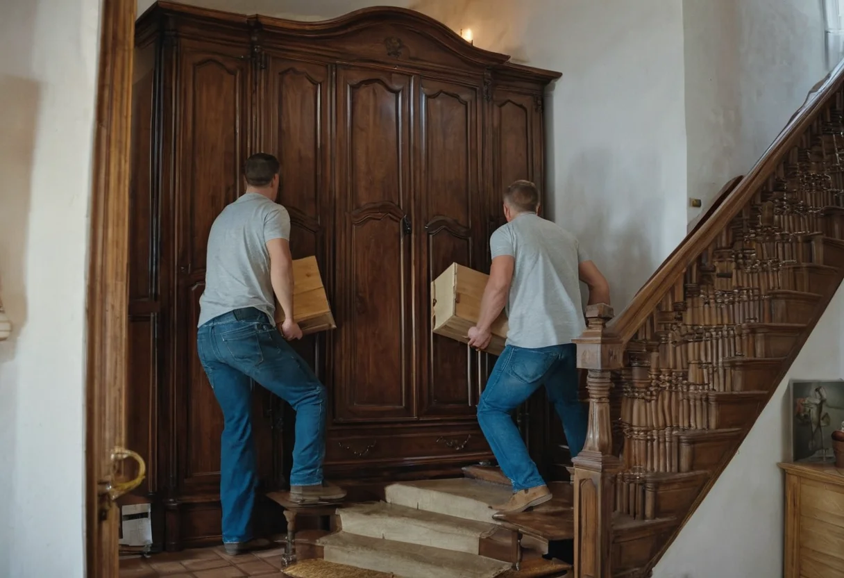 Mover tragen einen Holzschrank in ein traditionelles Pfälzer Haus
