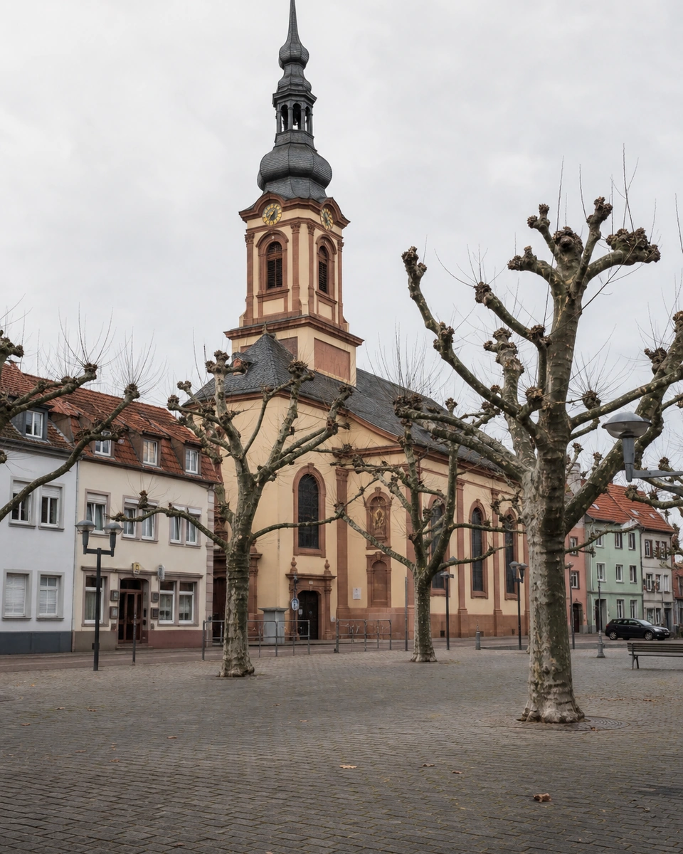 Platz mit Kirche in der Frankenthaler Innenstadt
