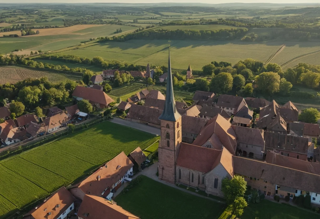 Luftaufnahme von Göllheim mit Kirchturm und Feldern