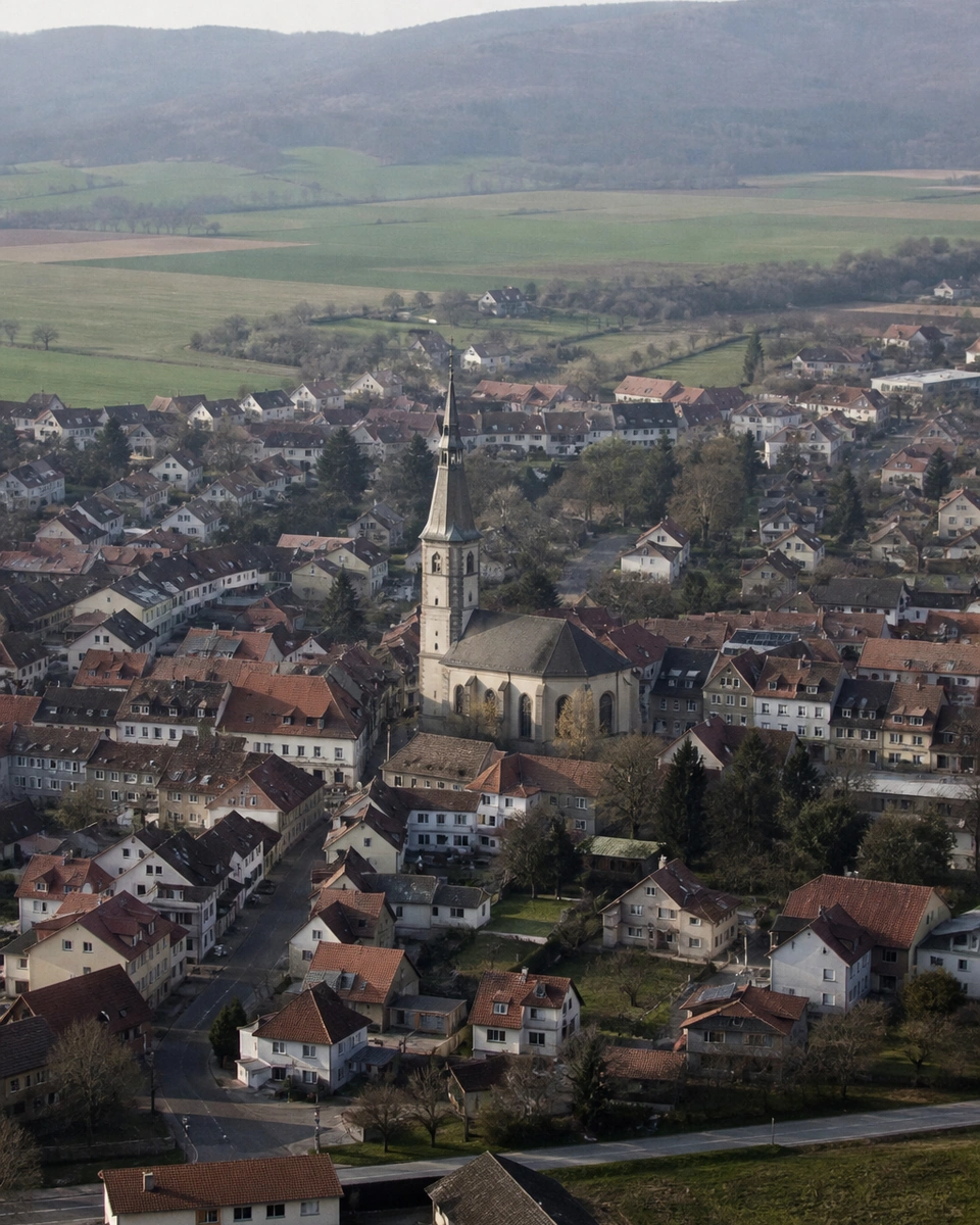Luftaufnahme von Göllheim mit Kirchturm und Feldern