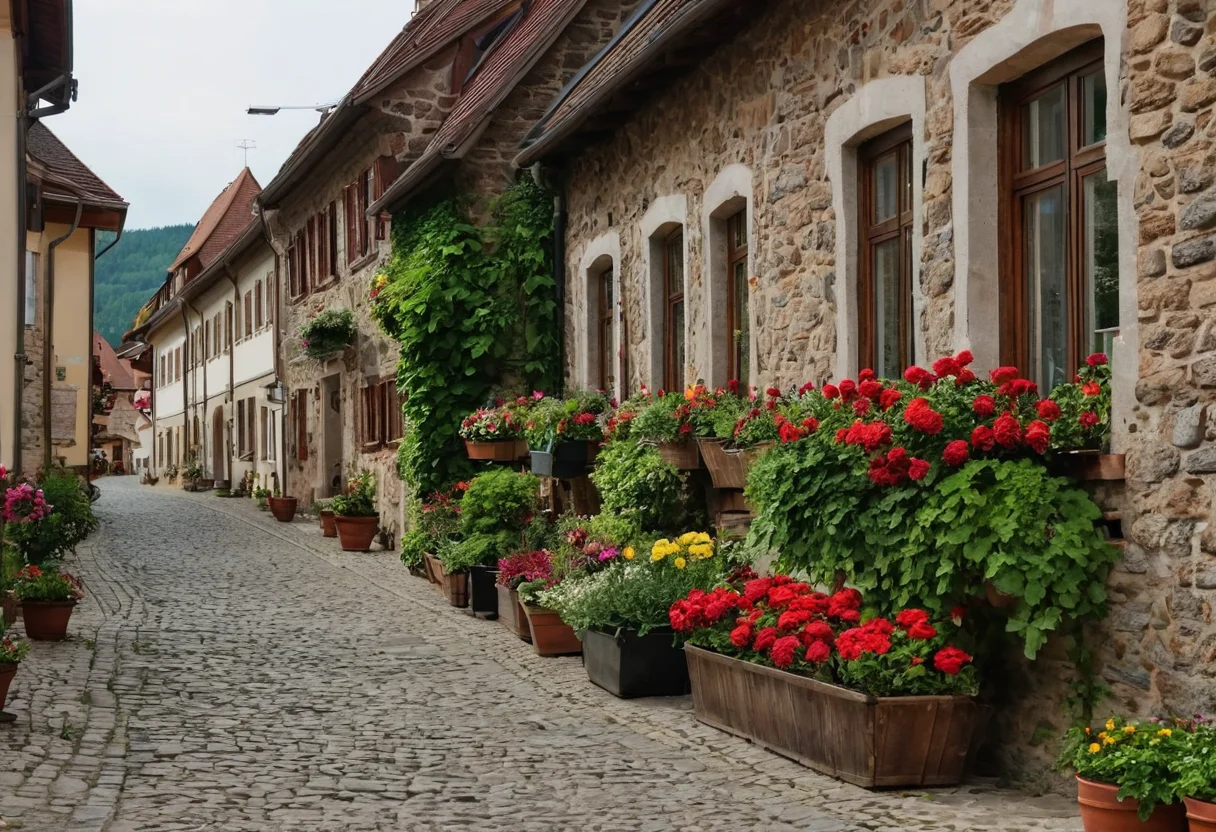 Dorfstraße in Imsbach mit Steinmauern