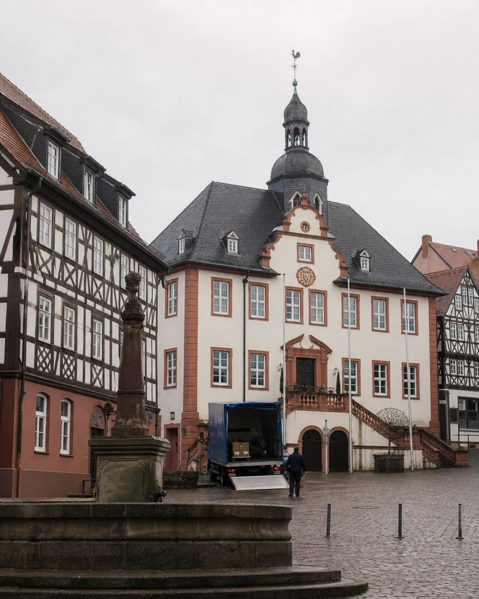 Marktplatz von Kirchheimbolanden mit barockem Rathaus und Fachwerkhäusern
