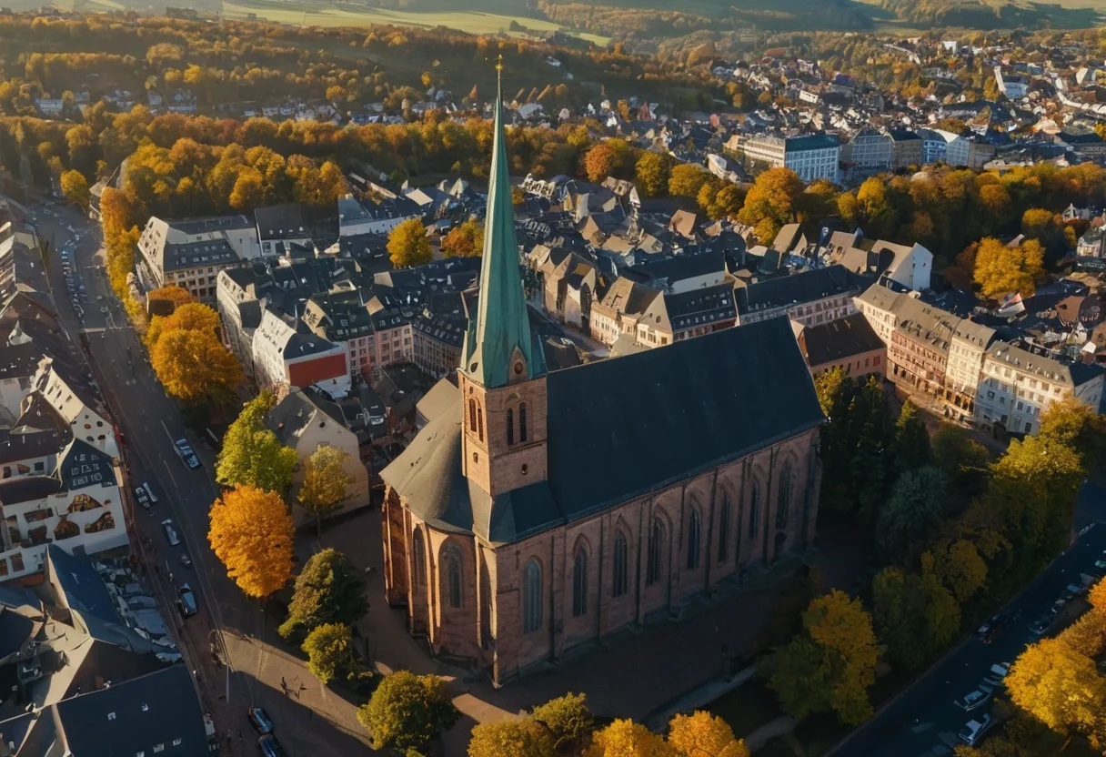 Luftbild von Kaiserslautern mit Stiftskirche und historischem Stadtkern