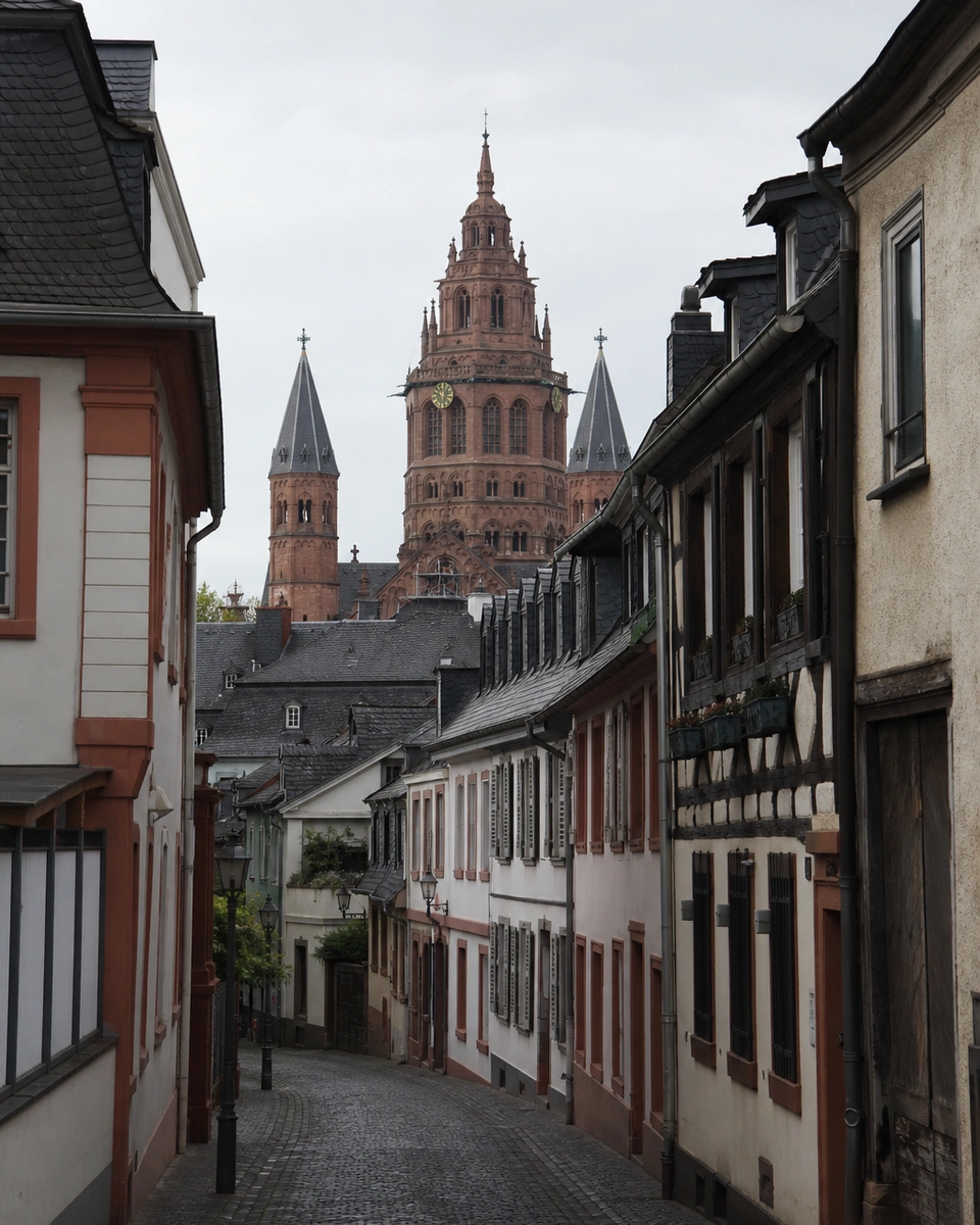 Altstadtgasse in Mainz mit Blick auf die Türme des Doms