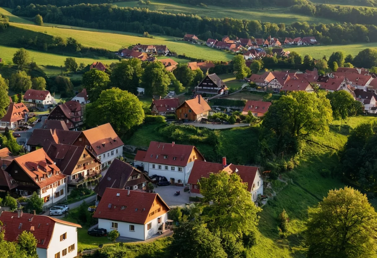Pfalzlandschaft mit traditionellen Häusern im Donnersbergkreis