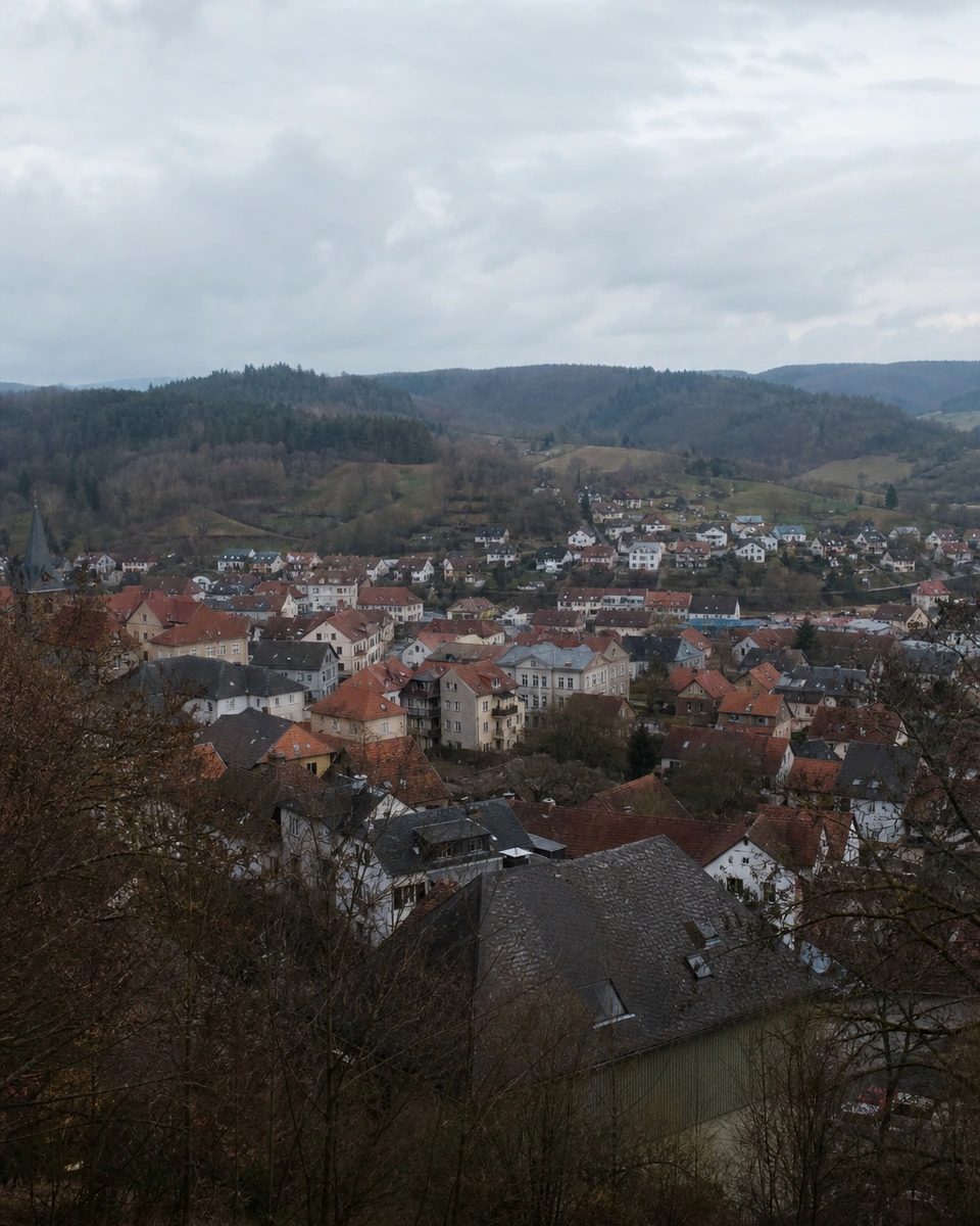 Pfalzlandschaft mit traditionellen Häusern im Donnersbergkreis