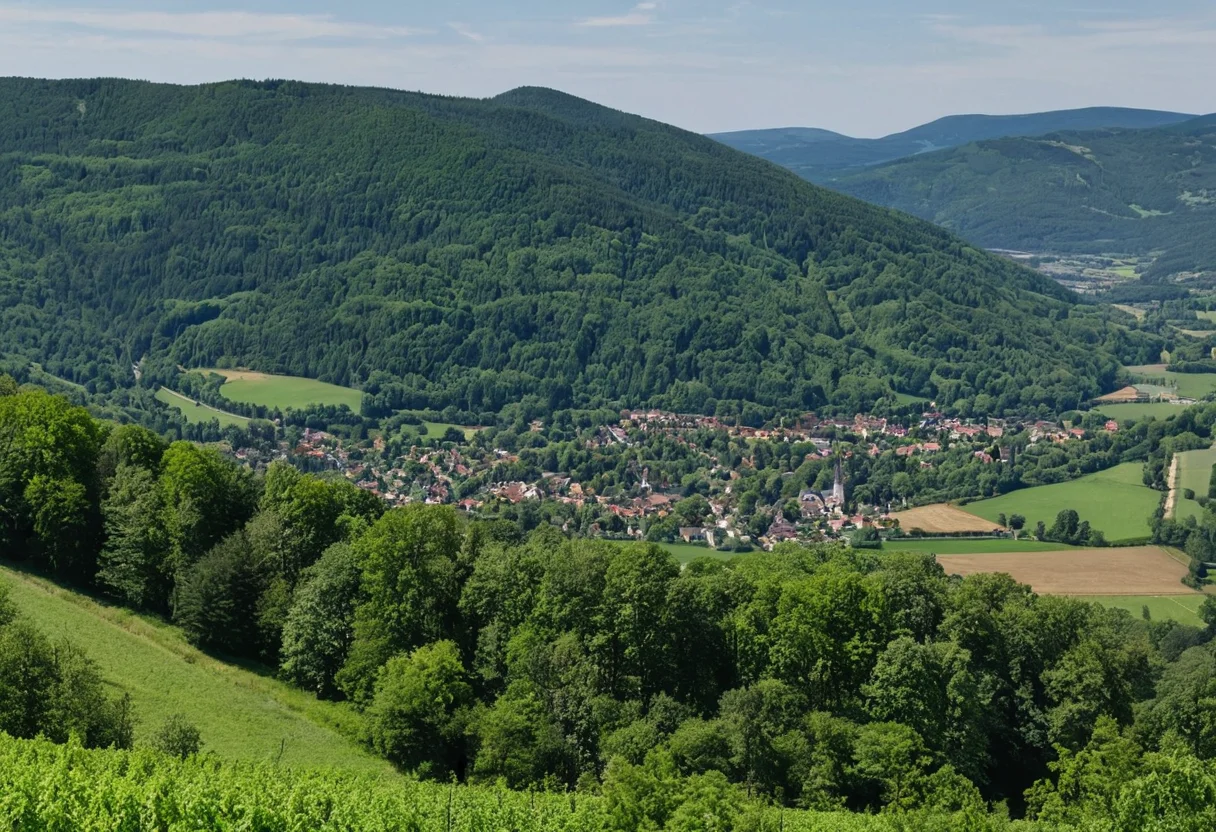 Dorfpanorama von Winnweiler in der Pfalz mit Donnersberg