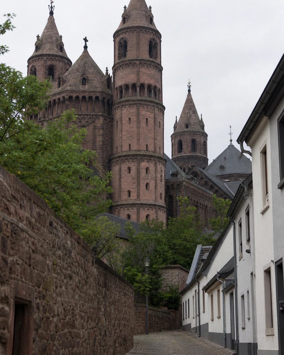 Wormser Dom von einer Altstadtgasse aus gesehen