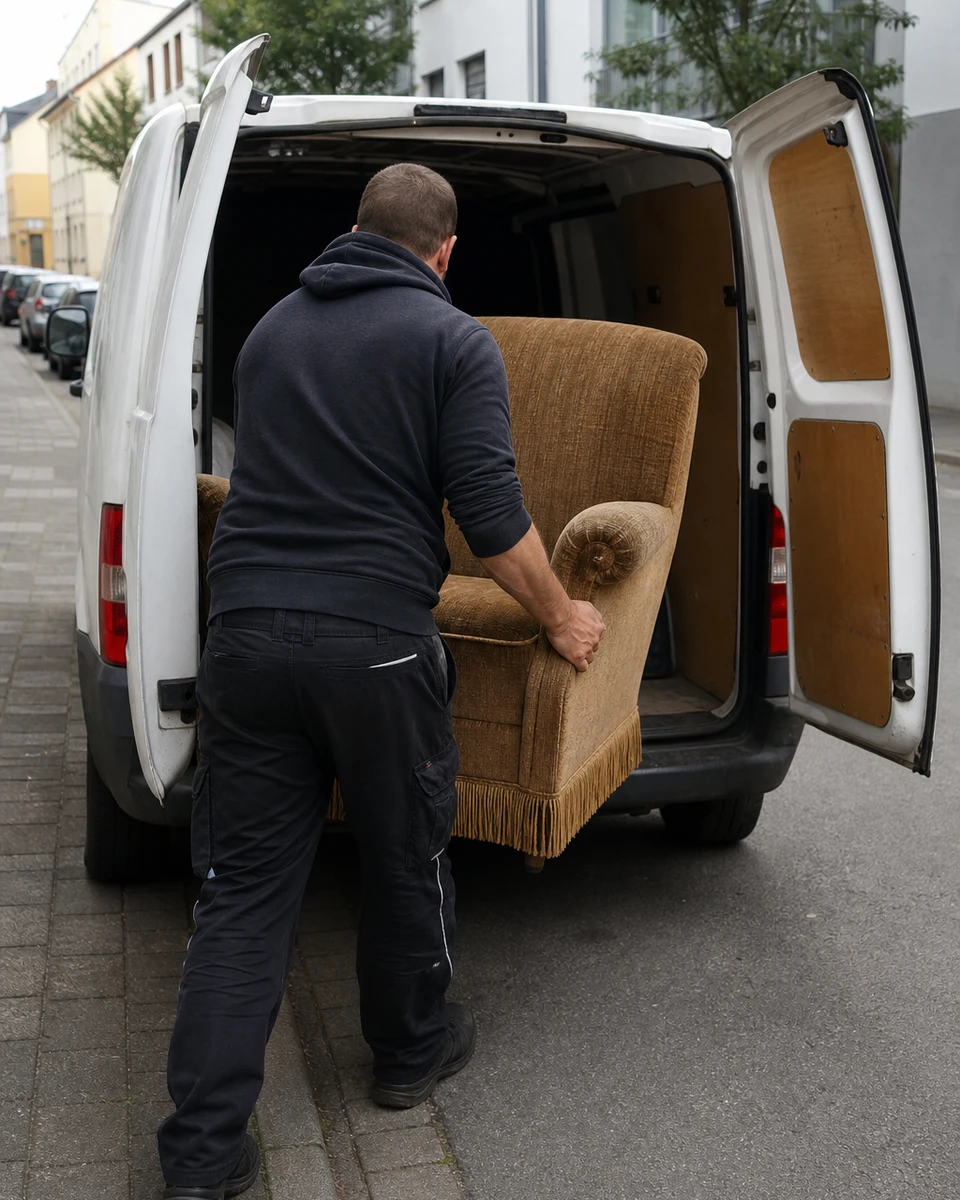 Träger lädt einen alten Sessel in einen Transporter am Straßenrand