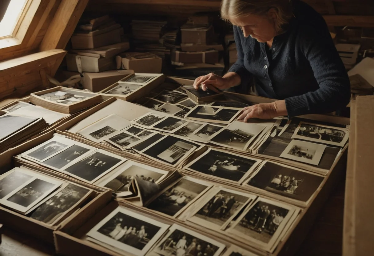Alte Familienfotos und Fotoalben werden sorgfältig auf Dachboden sortiert