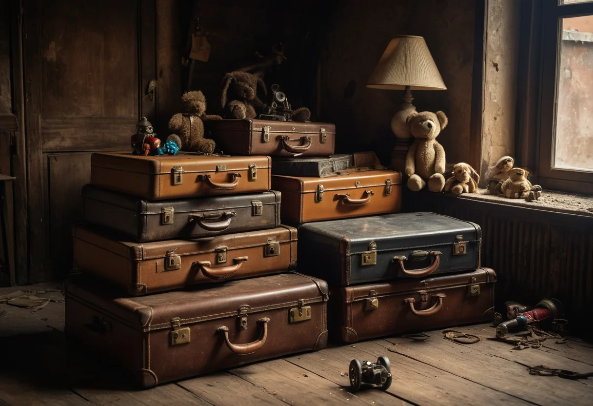 Vintage-Koffer und altes Spielzeug entdeckt in staubiger Dachbodenecke