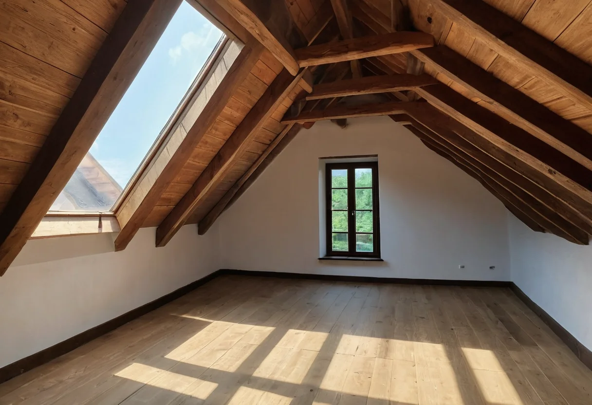 Heller leerer Dachboden nach kompletter Räumung mit Holzbalken