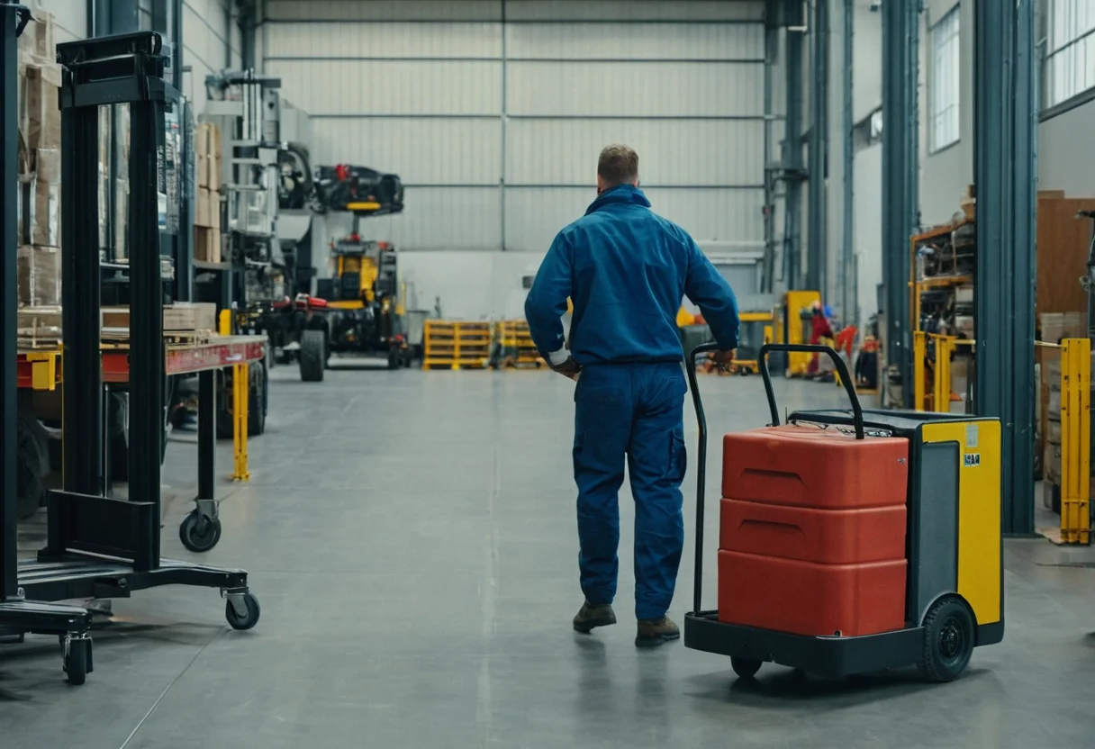 Mover mit Sackkarre transportiert schwere Industriemaschine