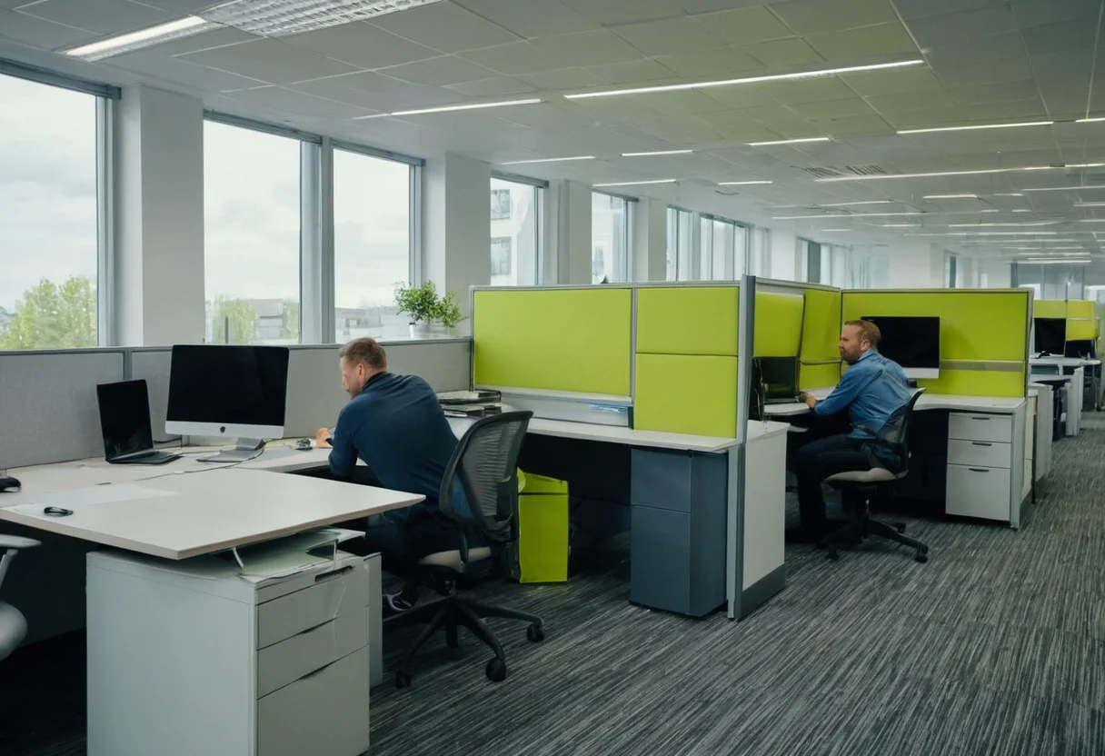 Zwei Mover demontieren effizient Cubicle-Büromöbel in einer Gewerbefläche