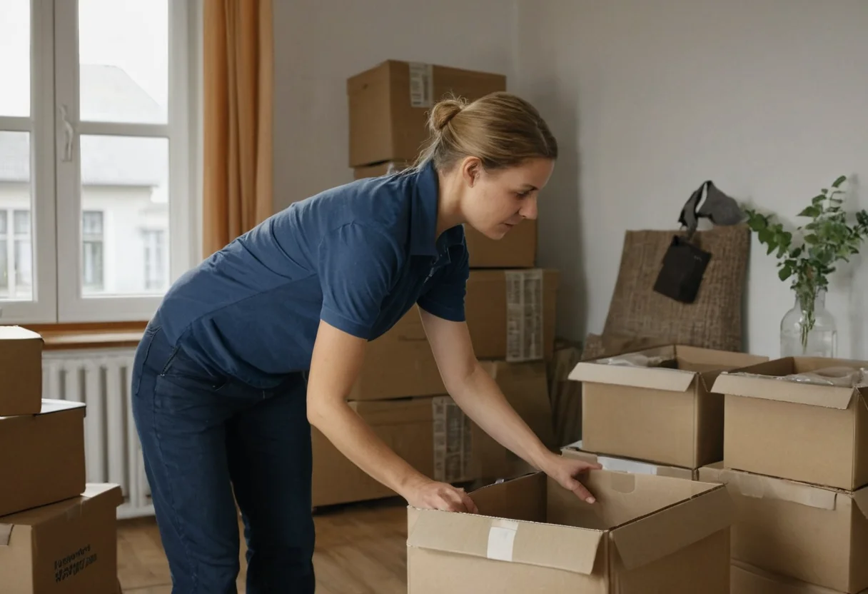 Mover sortiert Gegenstände in Behalten/Spenden/Entsorgen-Kartons bei einer Haushaltsauflösung