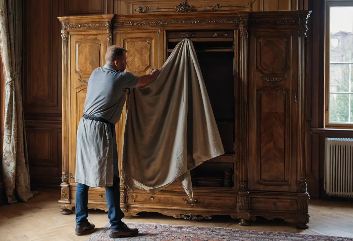 Antiker Holzschrank wird sorgfältig in Decken eingewickelt