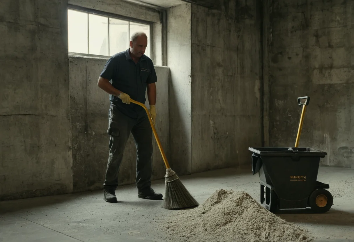 Kellerwände aus Beton werden mit Industriebesen sauber gefegt