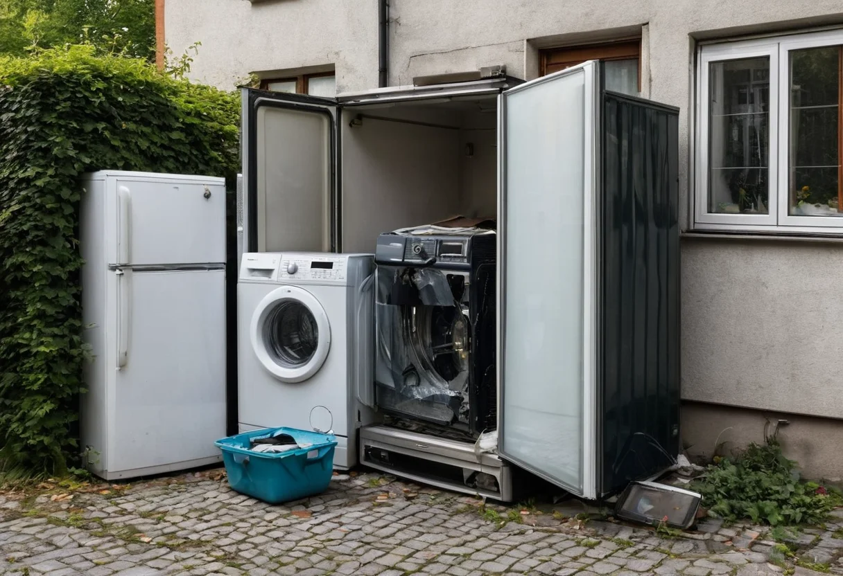 Alter Kühlschrank und Waschmaschine bereit für Elektroschrott-Entsorgung