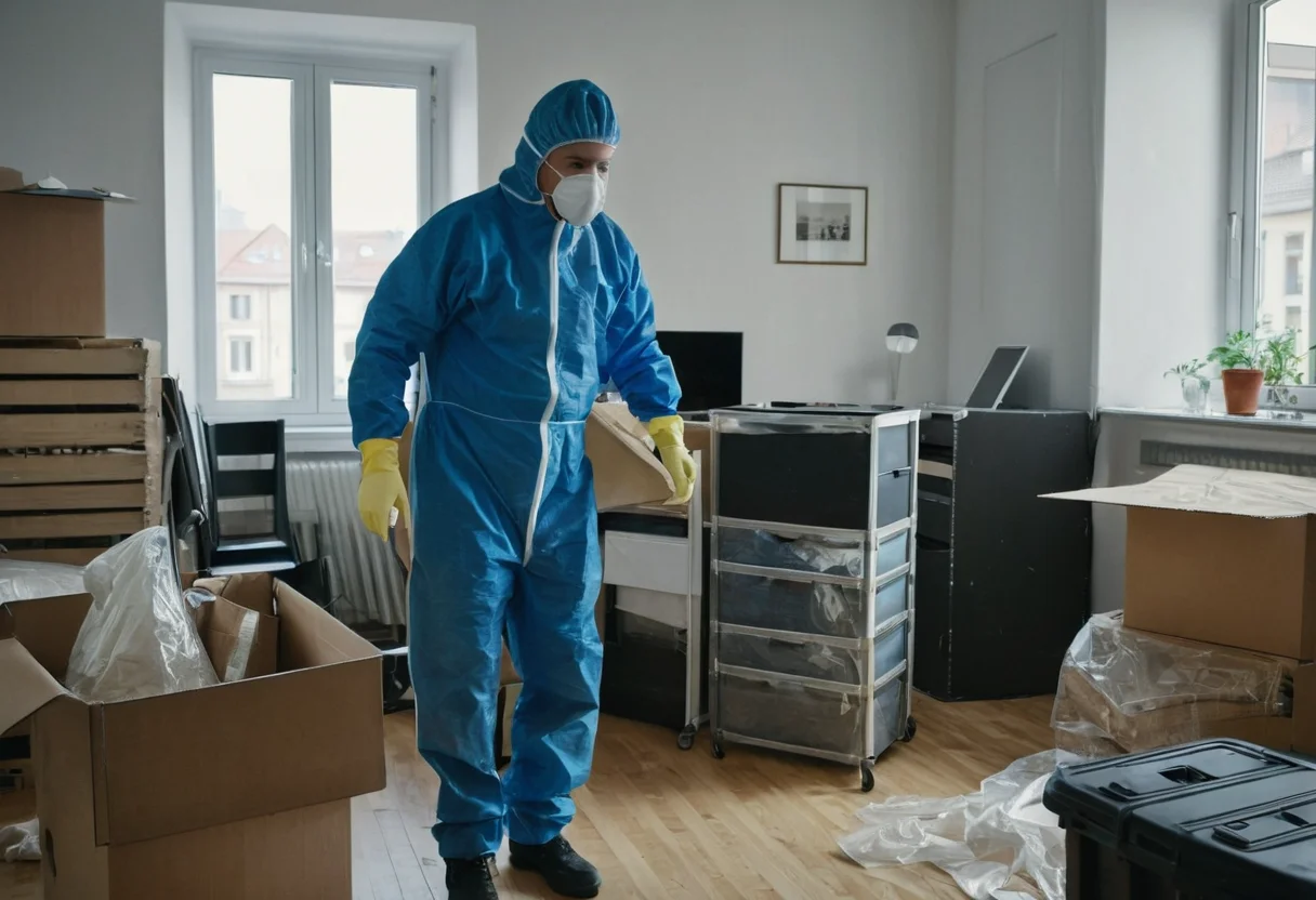 Professioneller Mover in Schutzkleidung arbeitet ruhig in einer Messie-Wohnung