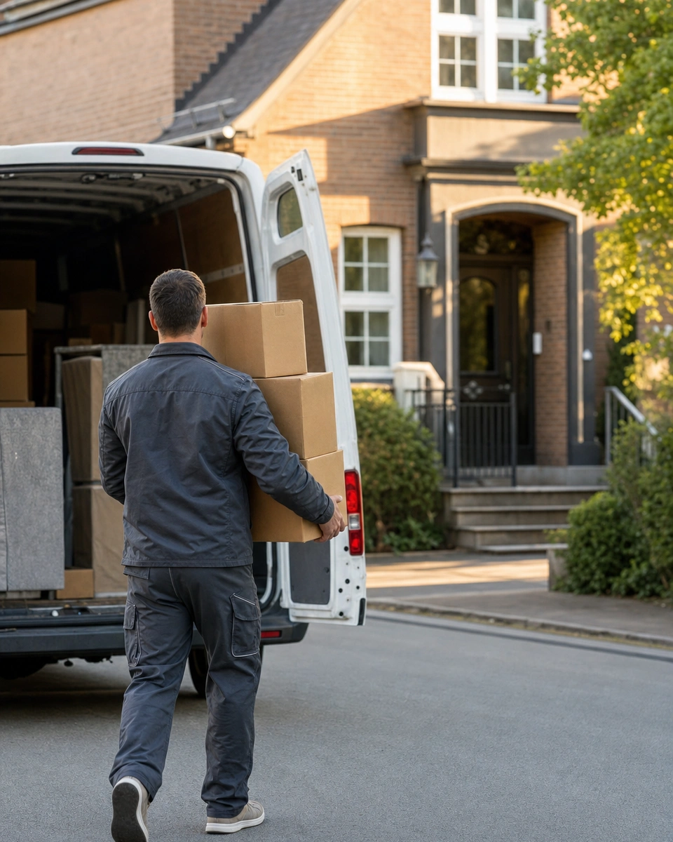 Entrümpler trägt Umzugskartons zum Transporter vor einem Wohnhaus