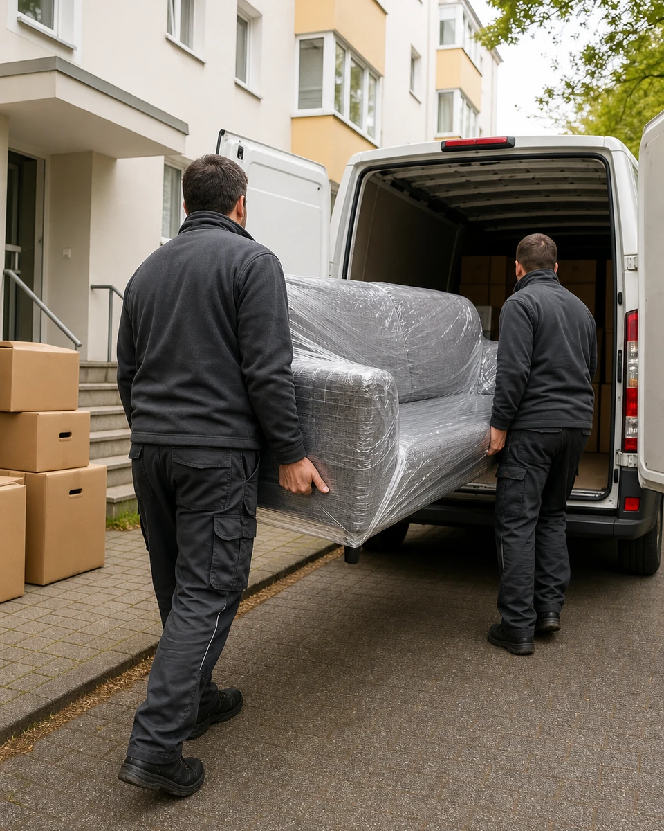 Träger laden verpacktes Sofa in einen Transporter beim Umzug in Kaiserslautern