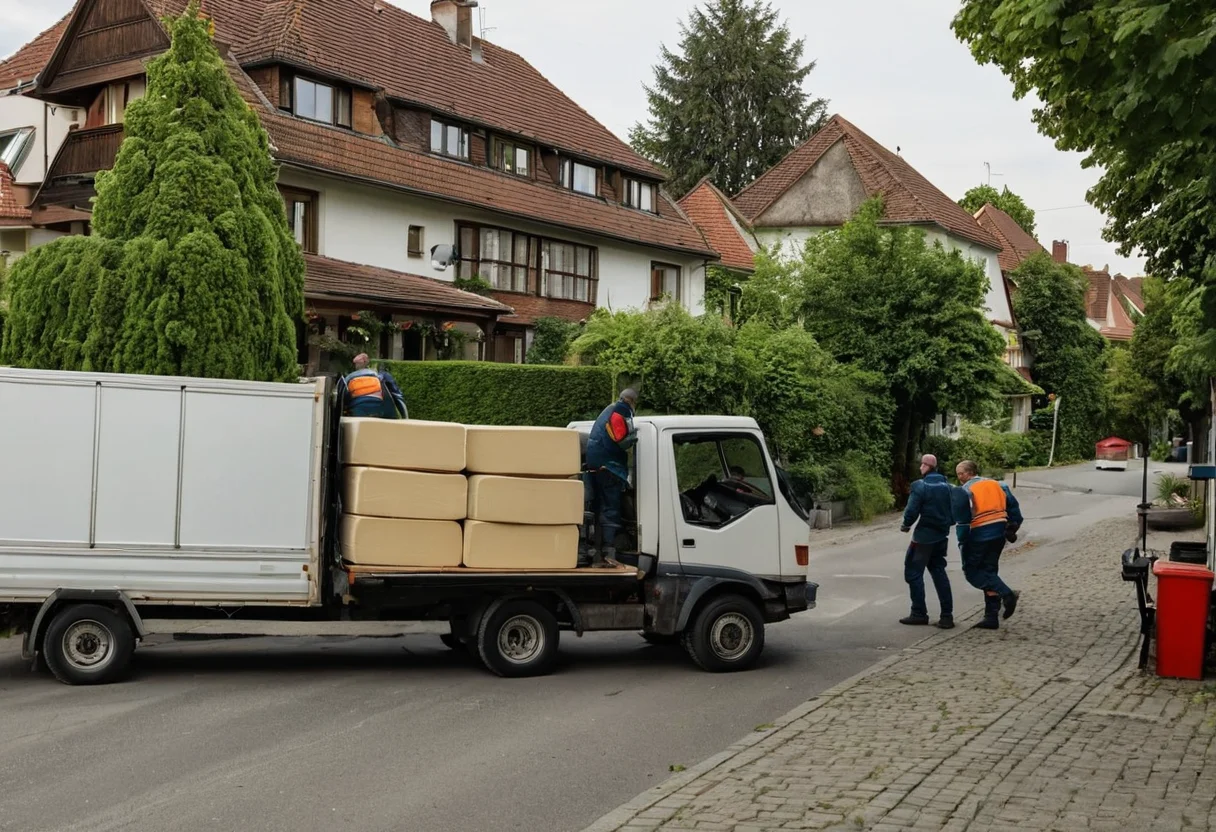 Mover laden alte Matratzen und Stühle in einen Lkw