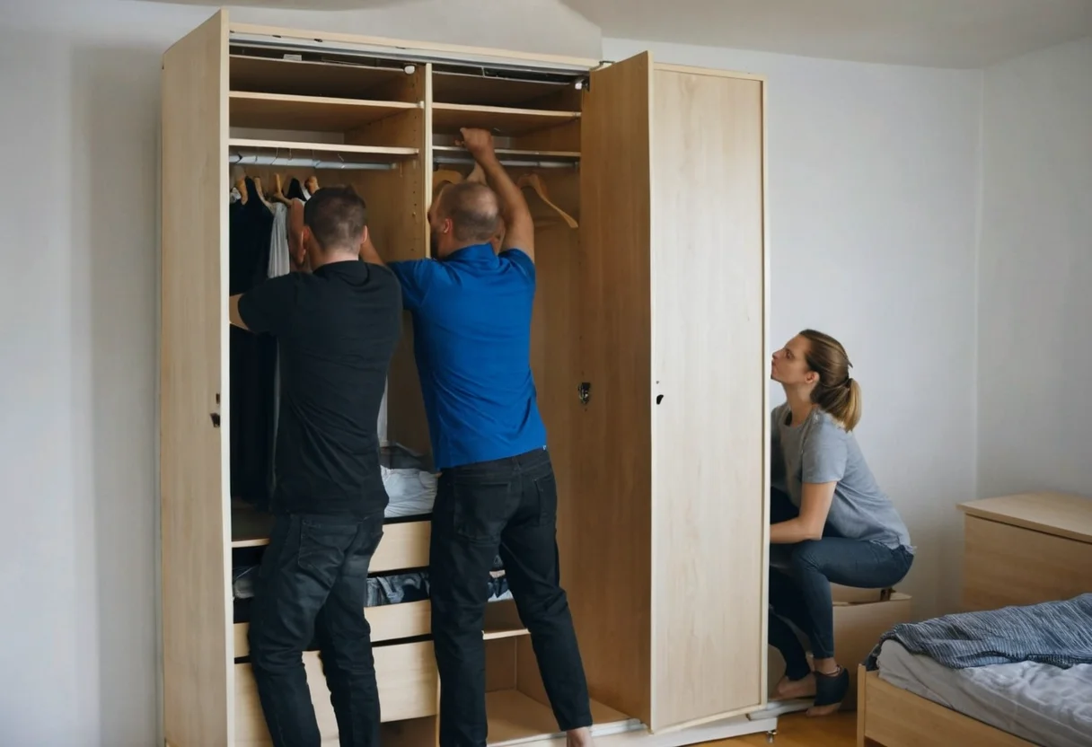 Zwei Mover demontieren effizient einen großen Kleiderschrank in einer Mietwohnung